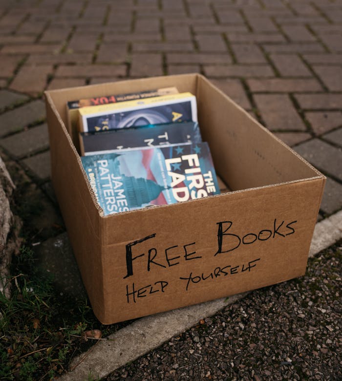 about-02 A cardboard box filled with free books on a street corner, inviting passersby to take one.